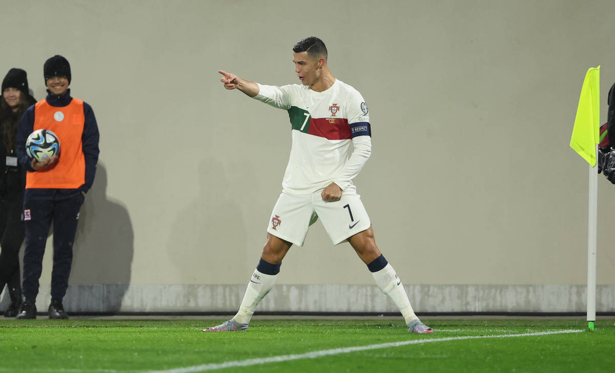 Cristiano Ronaldo pictured celebrating after scoring two goals for Portugal against Luxembourg in March 2023