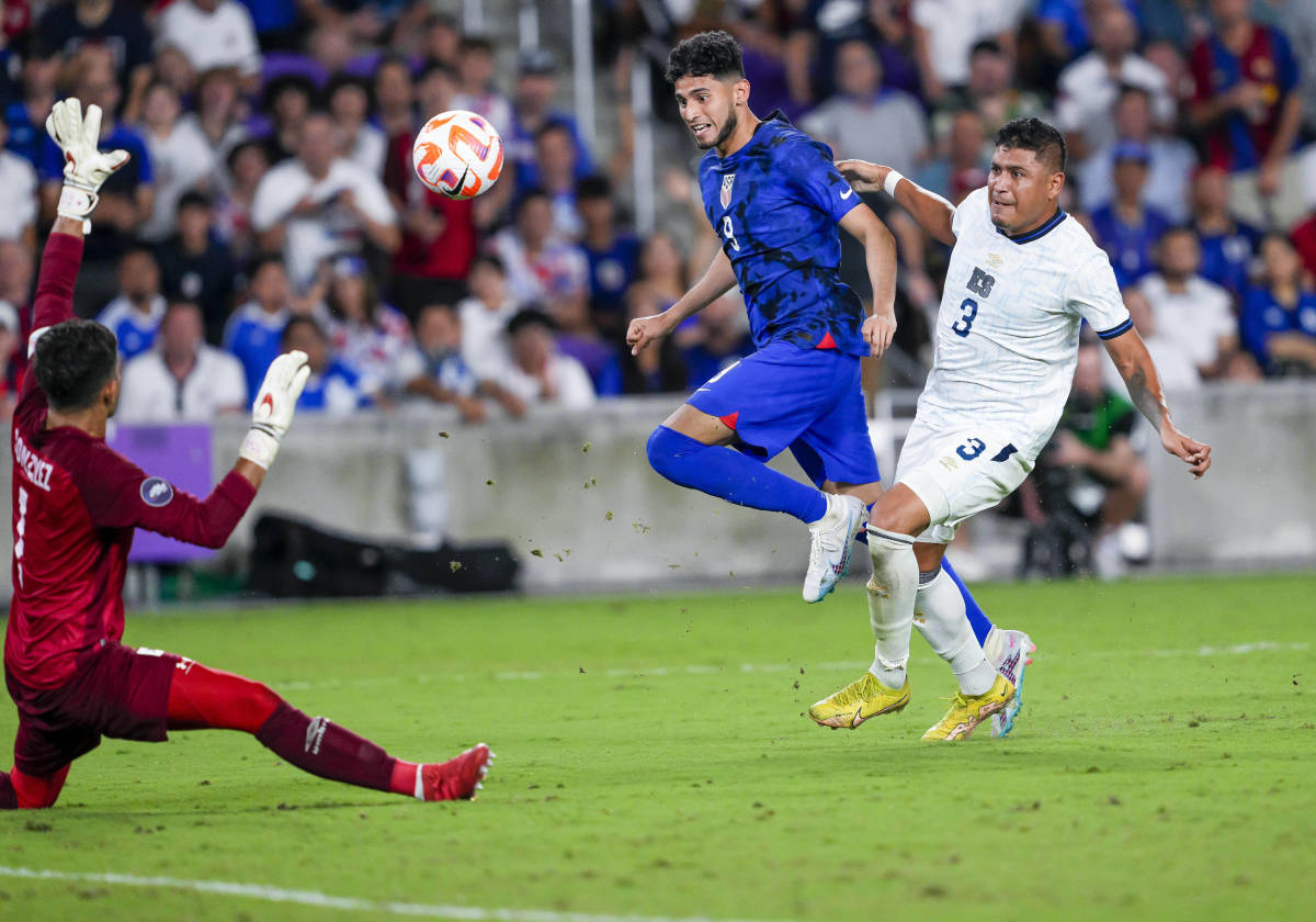 Ricardo Pepi pictured (center) scoring for the USMNT against El Salvador at Explorer Stadium in Orlando in March 2023