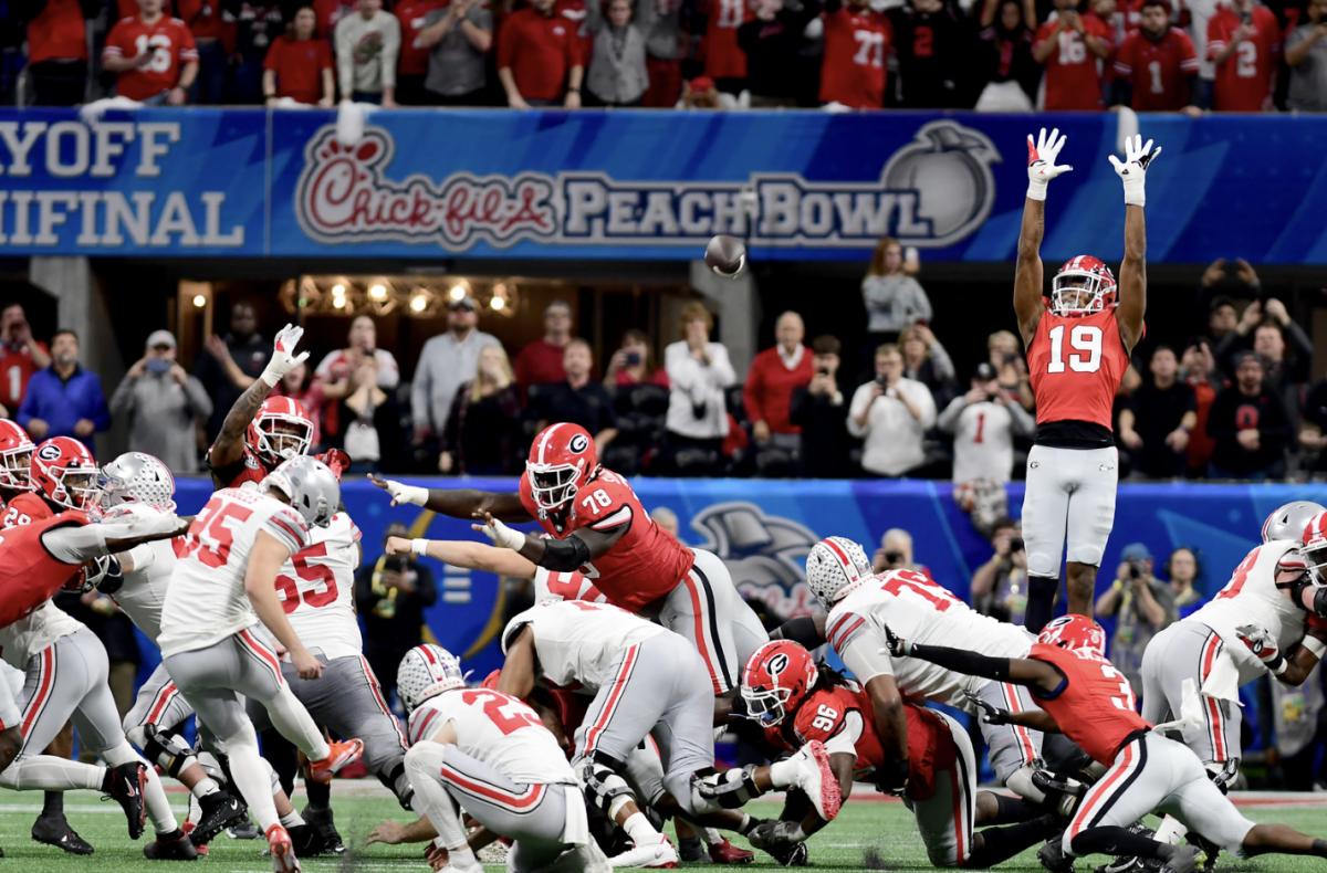 Georgia Bulldog players force a missed field goal in the 2023 Chick-fil-a Peach Bowl to defeat Ohio State 42-41