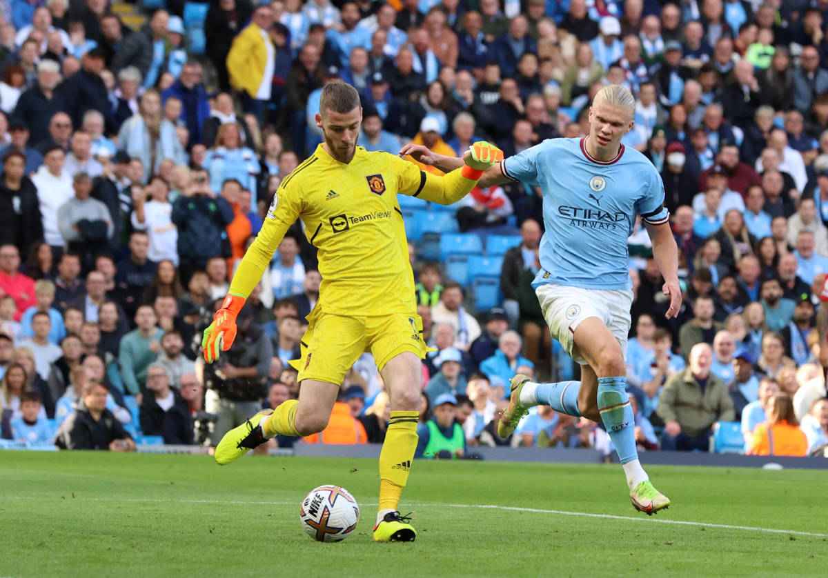 David de Gea (left) and Erling Haaland pictured during a Premier League game between Manchester City and Manchester United in October 2022