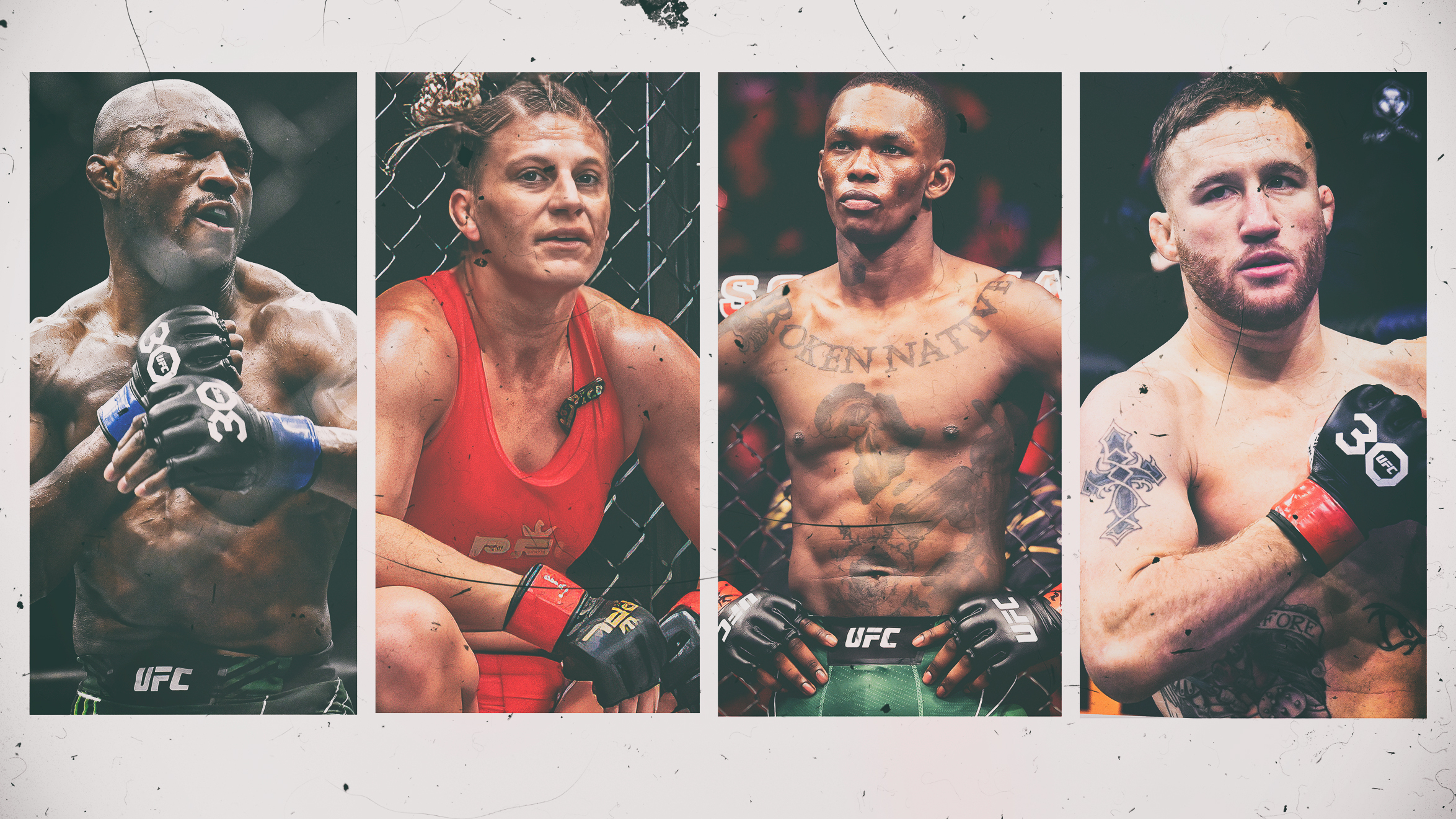 Photo collage of Kamaru Usman, Kayla Harrison, Israel Adesanya and Justin Gaethje