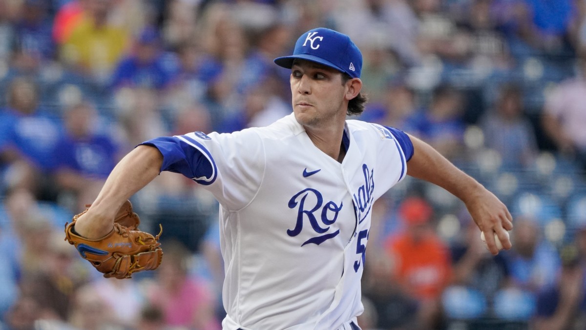 Kansas City Royals starting pitcher Daniel Lynch (52) delivers a pitch against the San Diego Padres in the first inning at Kauffman Stadium.