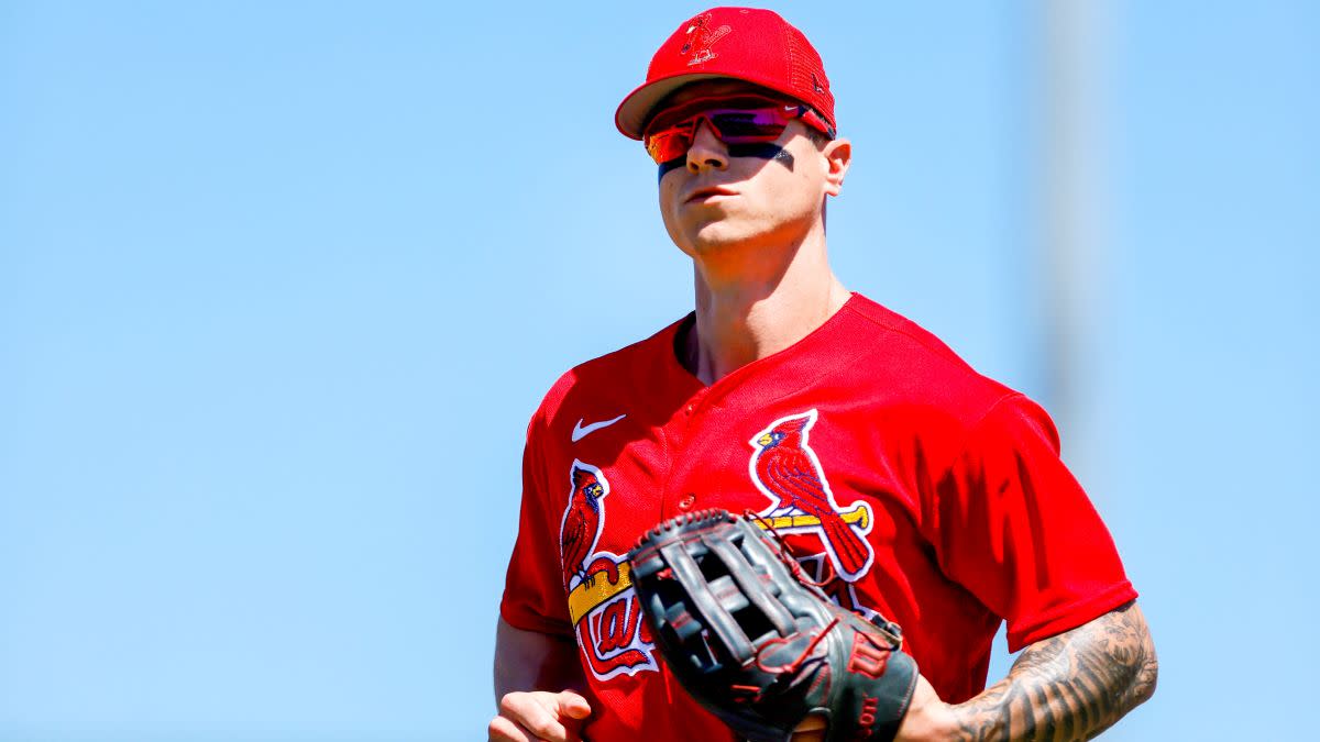 A tattoo is seen on the arm of St. Louis Cardinals' Tyler O'Neill as he