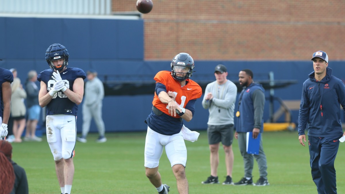 Virginia quarterback Tony Muskett throws a pass during UVA football spring practice.