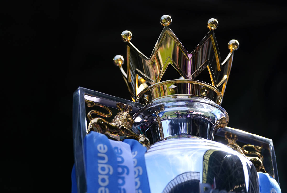 The Premier League trophy pictured in 2022 dressed in the colors of Manchester City