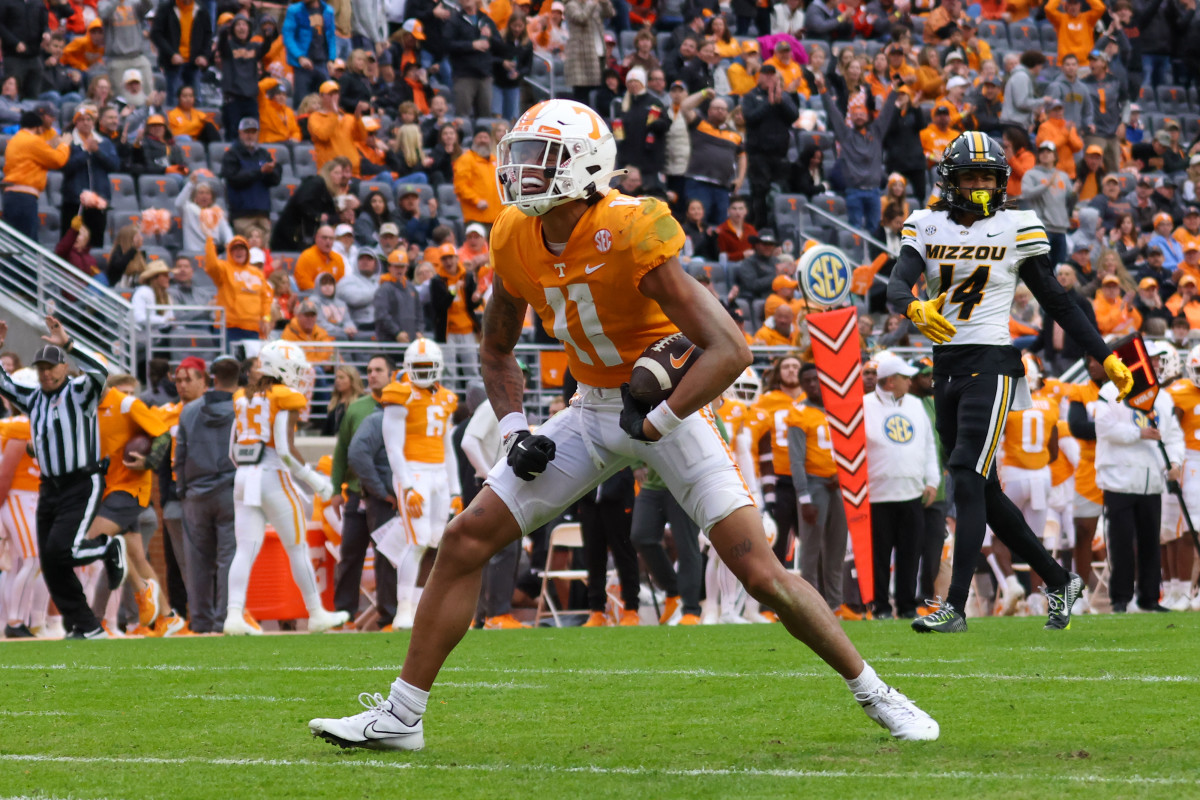 Former Tennessee Volunteers WR Jalin Hyatt after making a big catch vs. Missouri in 2022. (Photo by Randy Sartin of USA Today Sports)