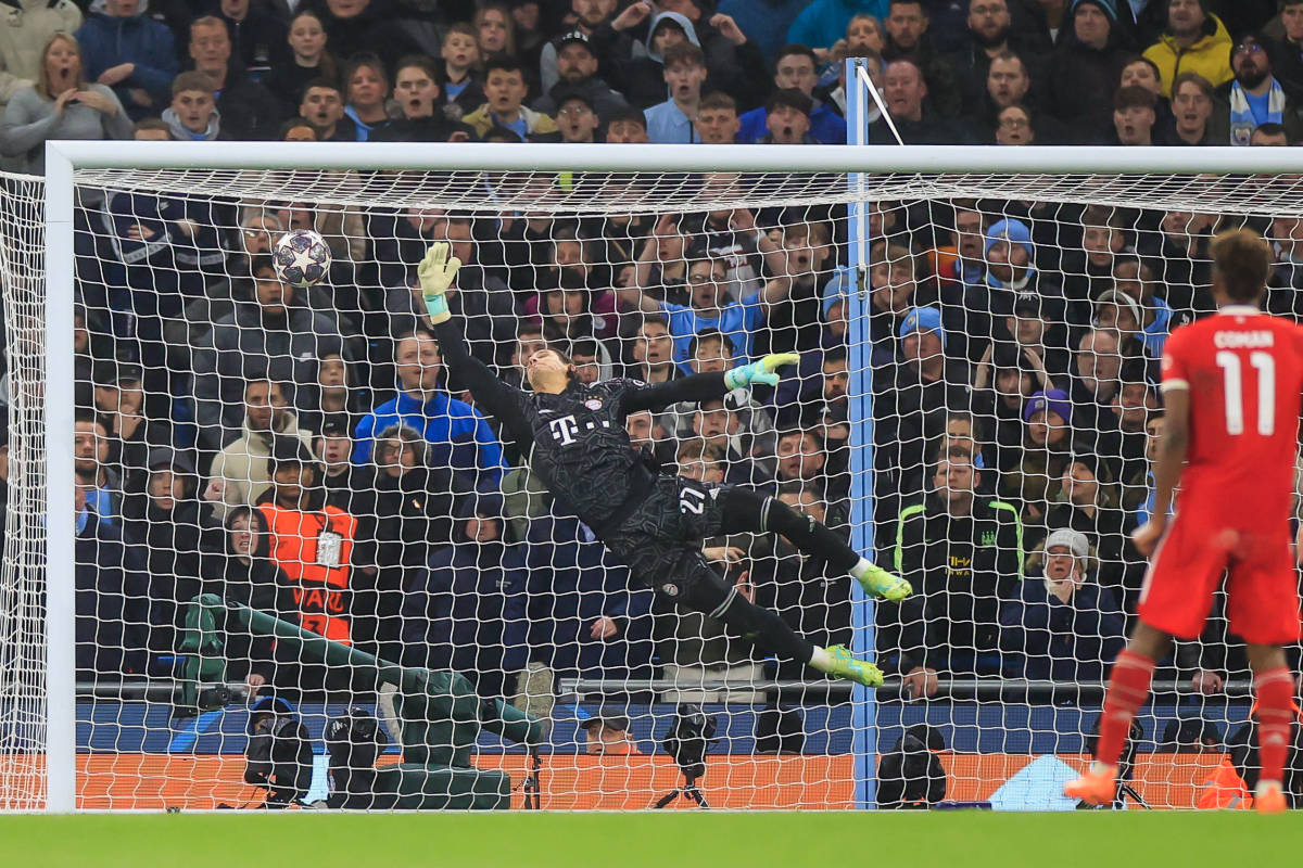 Bayern Munich keeper Yann Sommer pictured trying and failing to save a brilliant goal by Manchester City midfielder Rodri (not in shot) in April 2023