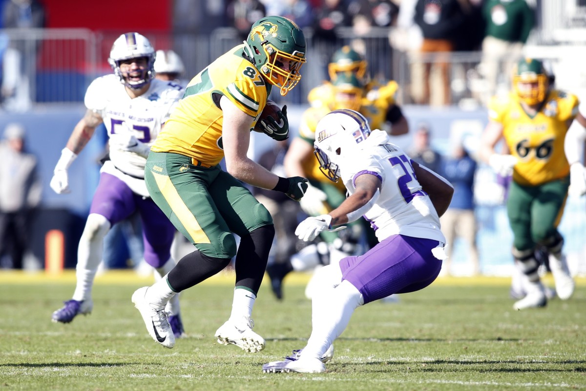 Jan 11, 2020; Frisco, Texas, USA; North Dakota State Bison tight end Noah Gindorff (87) catches a pass against James Madison Dukes cornerback Charles Tutt (23) in the fourth quarter at Toyota Stadium. Mandatory Credit: Tim Heitman-USA TODAY Sports