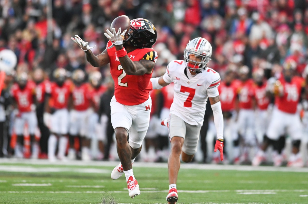 Nov 19, 2022; College Park, Maryland, USA; Maryland Terrapins wide receiver Jacob Copeland (2) drops a pass from quarterback Taulia Tagovailoa (not pictured) during the fires half as Ohio State Buckeyes cornerback Jordan Hancock (7) looks on at SECU Stadium. Mandatory Credit: Tommy Gilligan-USA TODAY Sports