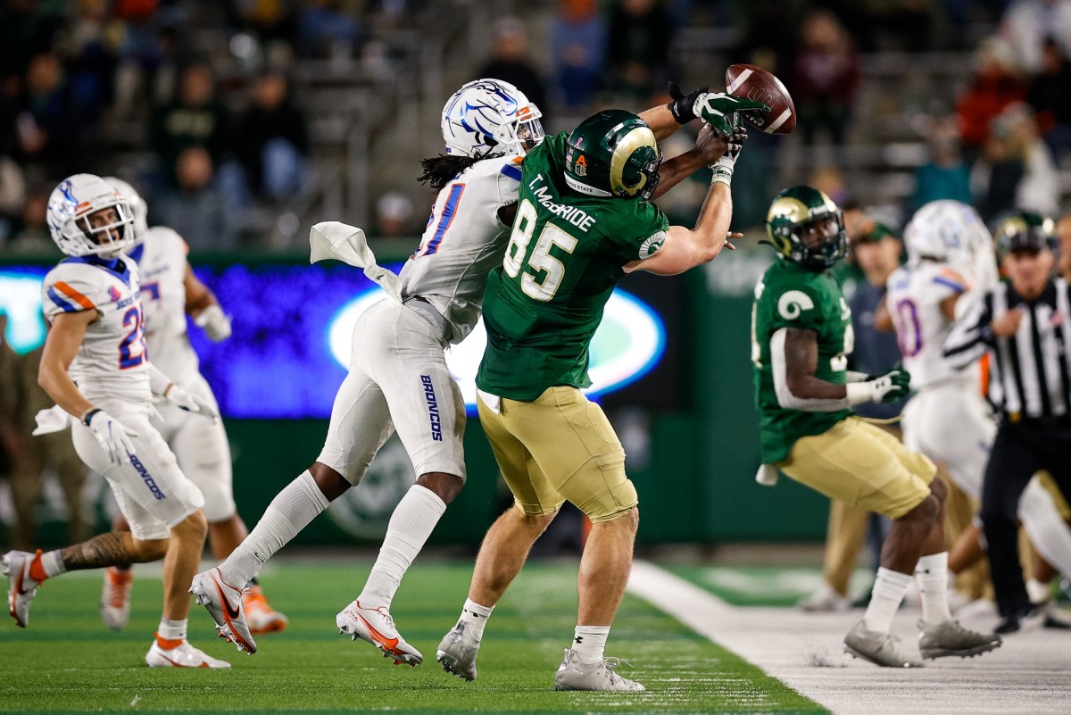 Oct 30, 2021; Fort Collins, Colorado, USA; Boise State Broncos safety Tyreque Jones (21) breaks up a pass intended for Colorado State Rams tight end Trey McBride (85) in the fourth quarter at Sonny Lubrick Field at Canvas Stadium. Mandatory Credit: Isaiah J. Downing-USA TODAY Sports