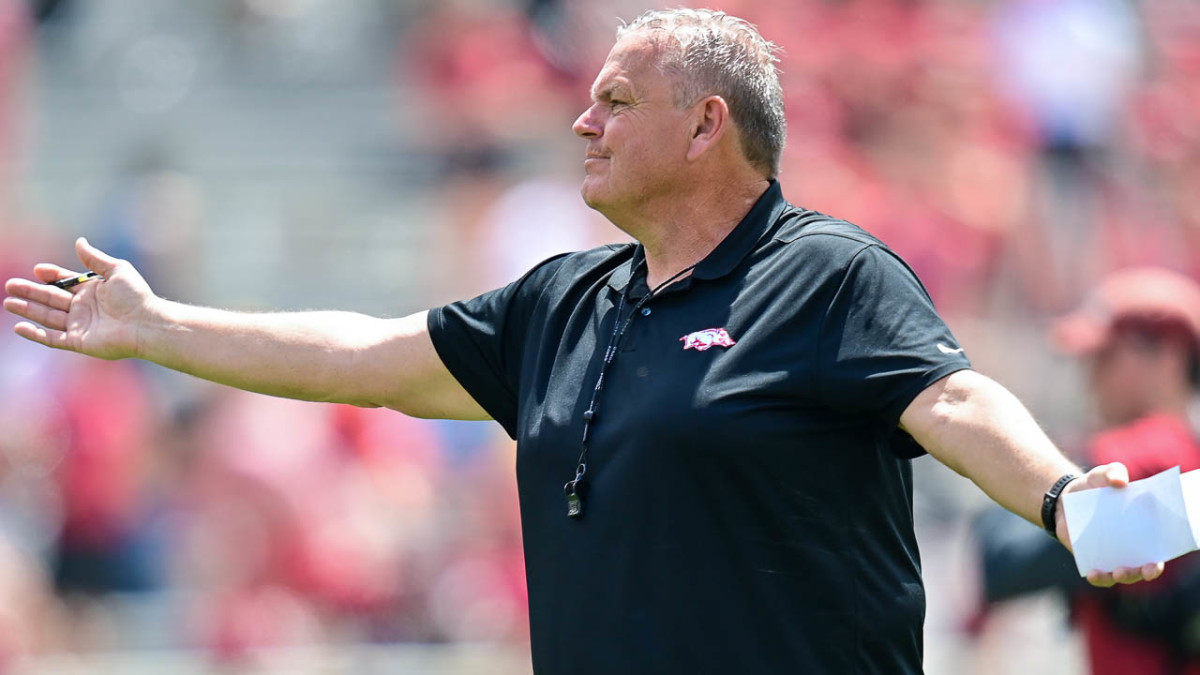 Razorbacks coach Sam Pittman during last spring practice Saturday inside Razorback Stadium.