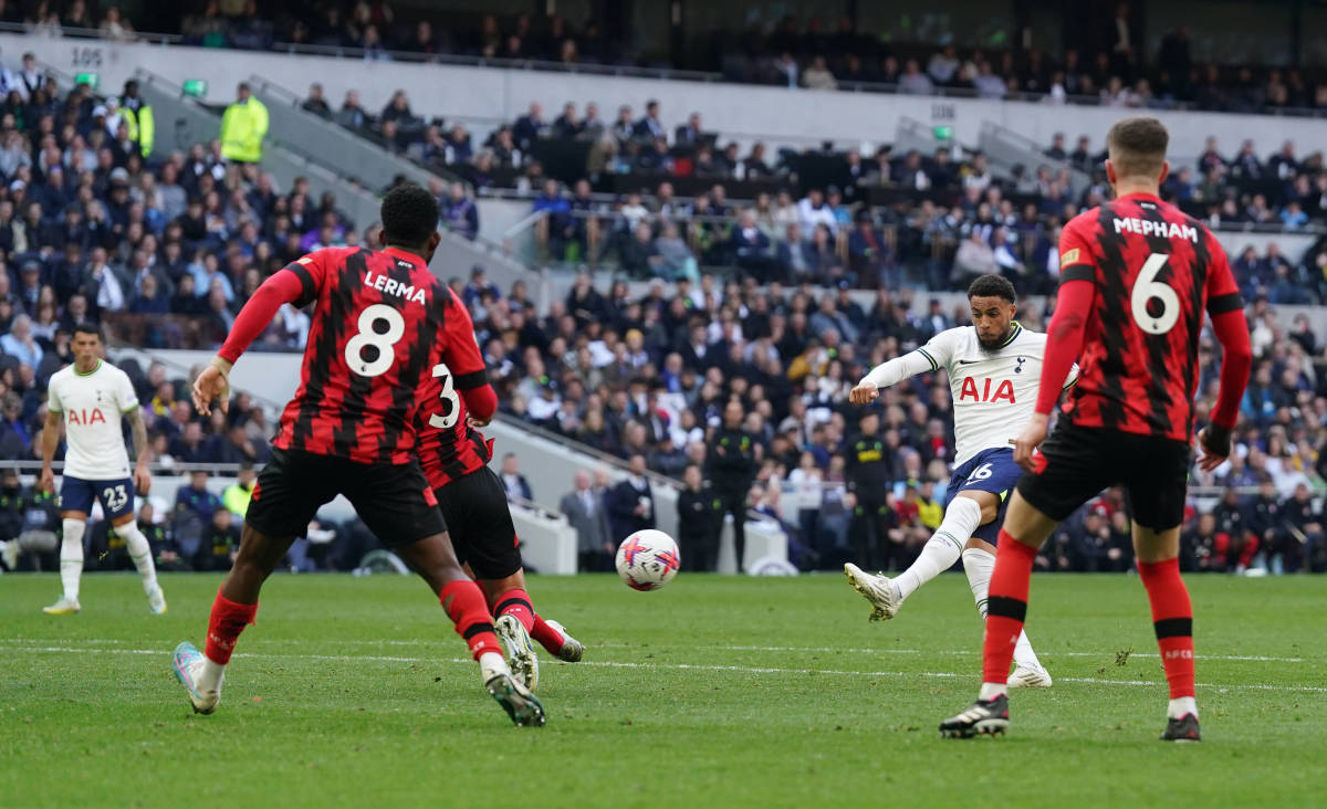 Arnaut Danjuma pictured (second from right) shooting to score his first ever Premier League goal in April 2023