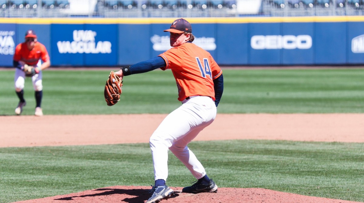 Jack O'Connor delivers a pitch during the Virginia baseball game against Miami at Disharoon Park.