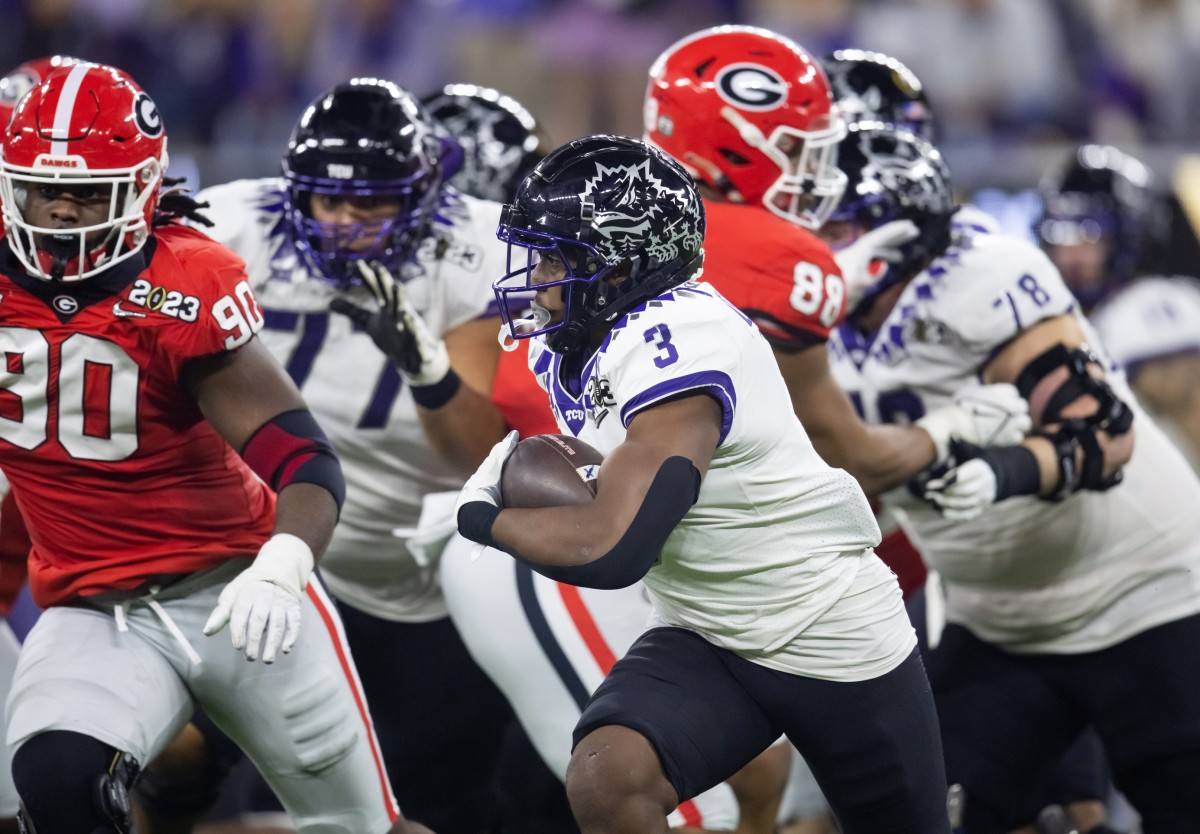 Jan 9, 2023; Inglewood, CA, USA; TCU Horned Frogs running back Emari Demercado (3) against the Georgia Bulldogs during the CFP national championship game at SoFi Stadium. Mandatory Credit: Mark J. Rebilas-USA TODAY Sports