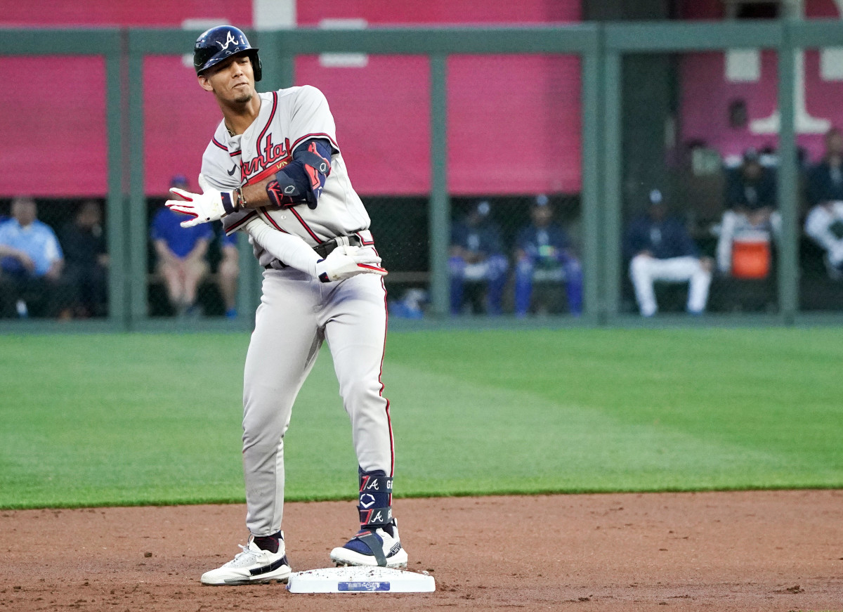 Cleveland, United States . 31st Aug, 2021. Atlanta Braves second basemen Ozzie  Albies (1) sustains an injury while batting during an MLB regular season  game against the Los Angeles Dodgers, Tuesday, August