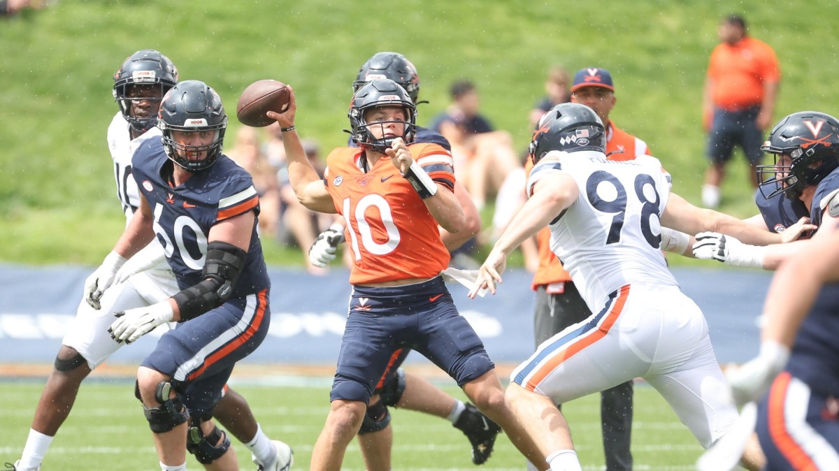 Anthony Colandrea throws a pass during the Virginia football spring game at Scott Stadium.