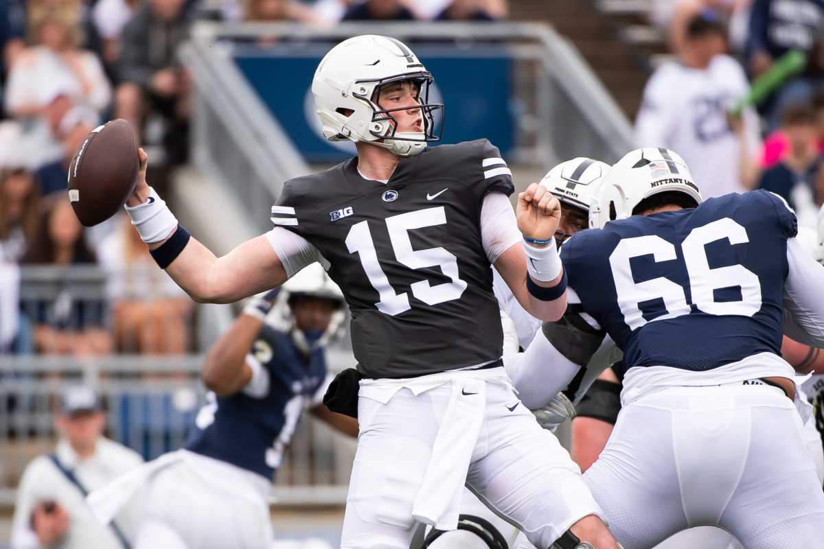 Penn State quarterback Drew Allar (15) prepares to throw the ball during the Blue-White game at Beaver Stadium on Saturday, April 15, 2023, in State College. 230415 Hes Dr Bluewhite