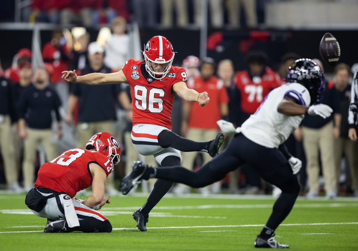 Jan 9, 2023; Inglewood, CA, USA; Georgia Bulldogs kicker Jack Podlesny (96) against the TCU Horned Frogs during the CFP national championship game at SoFi Stadium. Mandatory Credit: Mark J. Rebilas-USA TODAY Sports