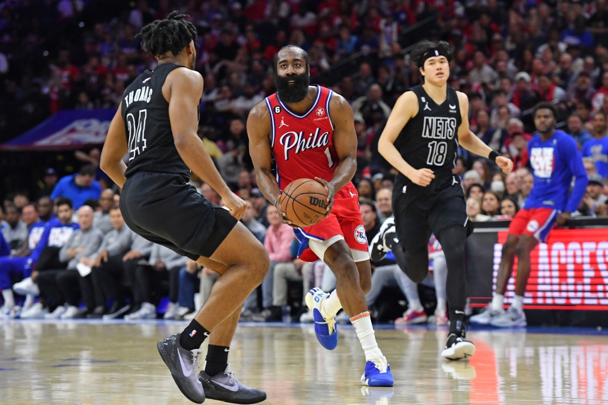 76ers guard James Harden attacking the Nets' defense.