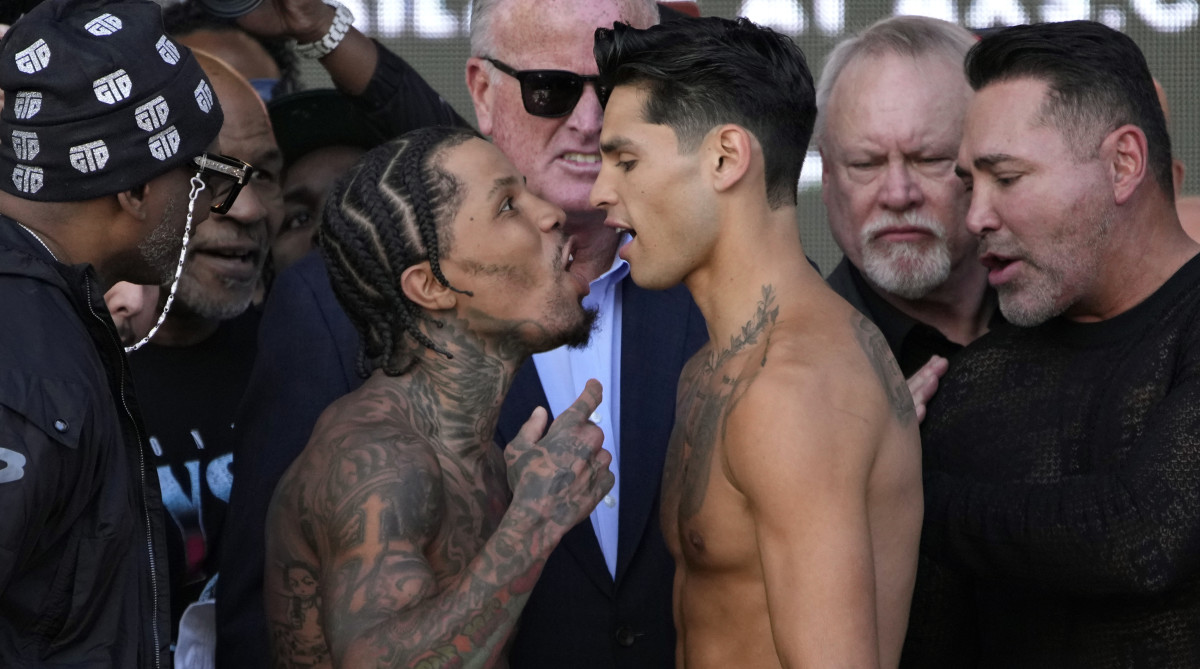 Gervonta Davis and Ryan Garcia exchange words at the weigh-in.