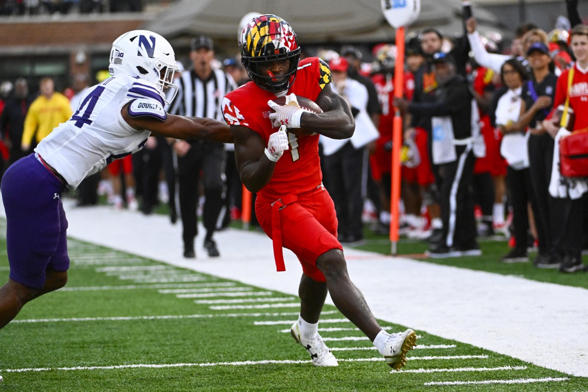 Maryland Terrapins wide receiver Rakim Jarrett (1) scores a touchdown against the Northwestern Wildcats. Mandatory Credit: Brad Mills-USA TODAY Sports