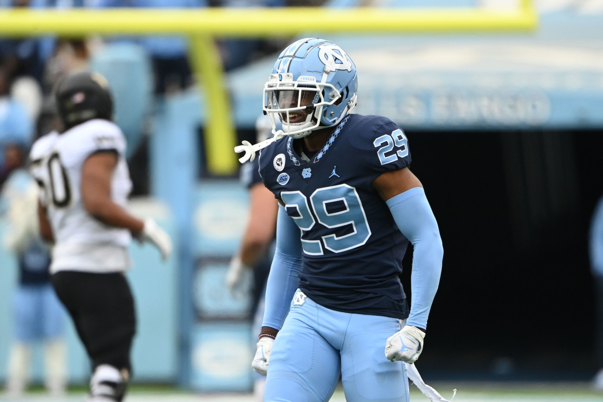 Nov 6, 2021; Chapel Hill, North Carolina, USA; North Carolina Tar Heels defensive back Storm Duck (29) reacts in the second quarter at Kenan Memorial Stadium. Mandatory Credit: Bob Donnan-USA TODAY Sports