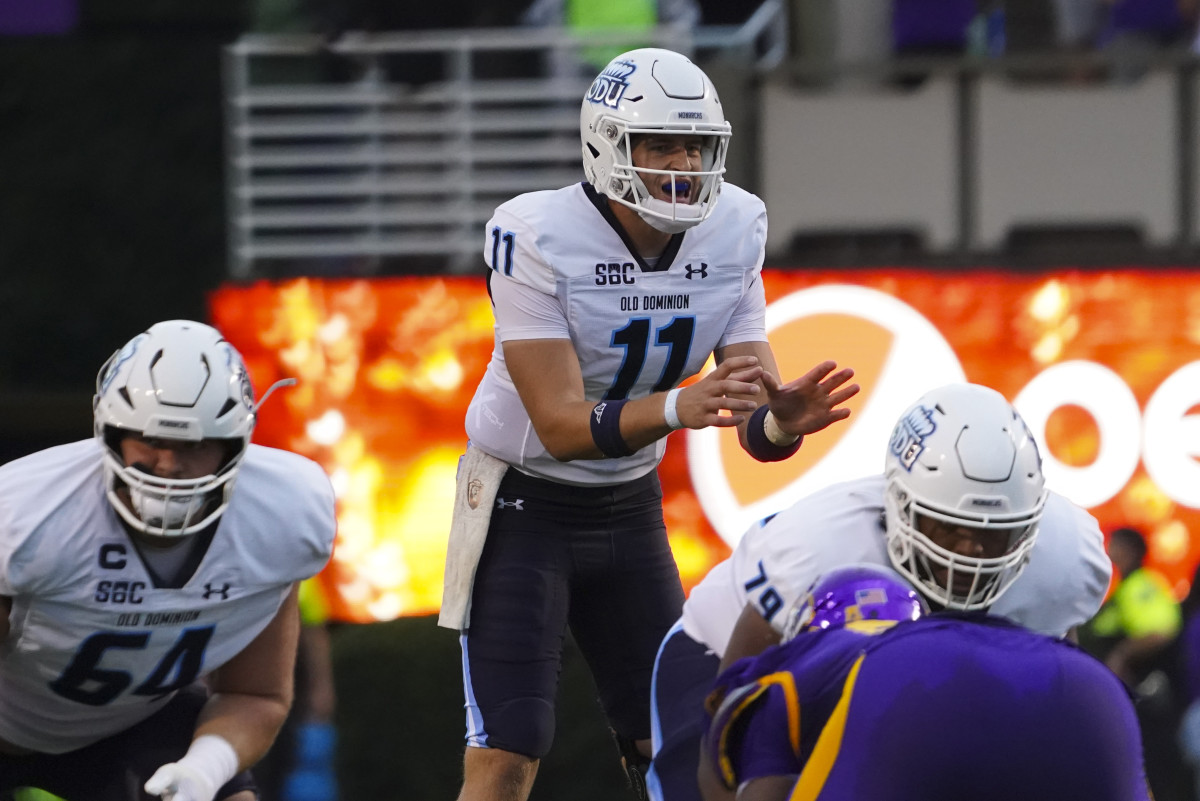 Sep 10, 2022; Greenville, North Carolina, USA; Old Dominion Monarchs quarterback Hayden Wolff (11) gets ready for the snap against the East Carolina Pirates during the first half at Dowdy-Ficklen Stadium. Mandatory Credit: James Guillory-USA TODAY Sports