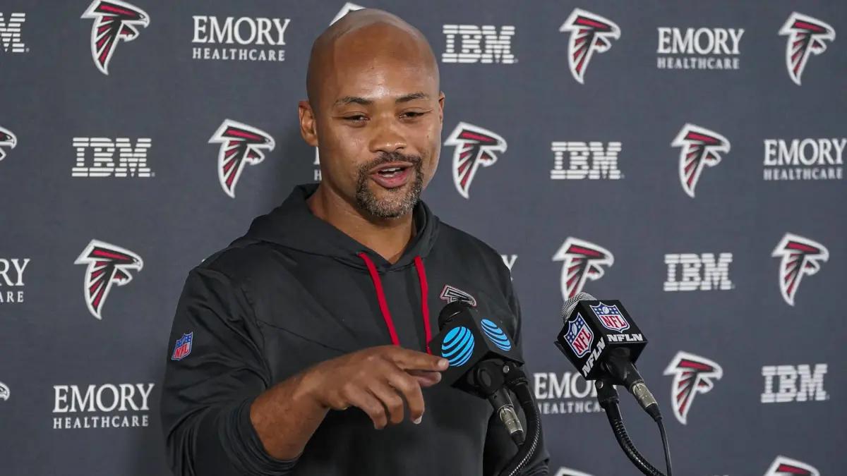 Atlanta Falcons general manager Terry Fontenot meets with the media.