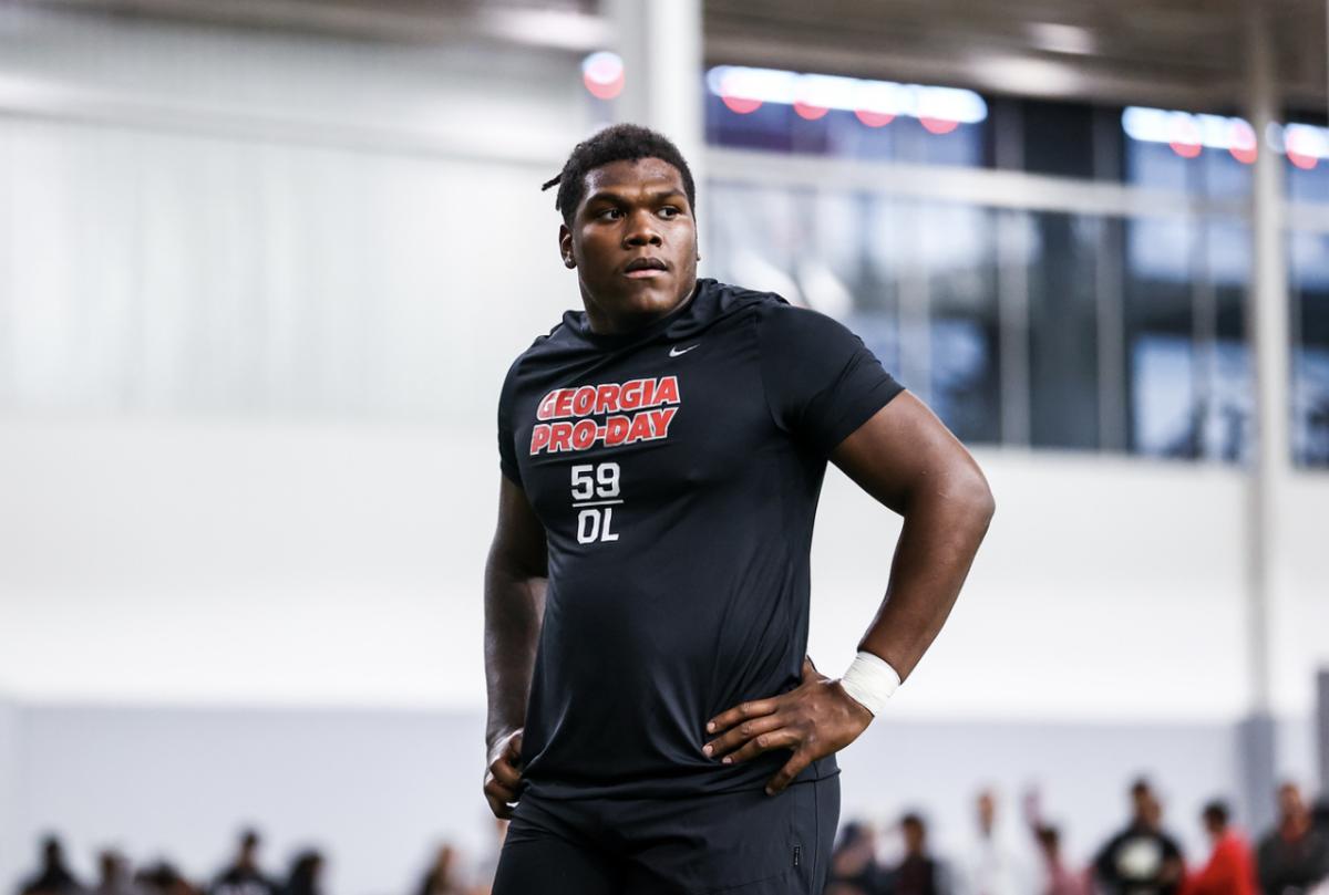 Former Georgia offensive lineman Broderick Jones (59) during Georgia’s 2023 Pro Day inside the William Porter Payne and Porter Otis Payne Indoor Athletic Facility in Athens, Ga., on Wednesday, March 15, 2023. (Tony Walsh/UGAAA)