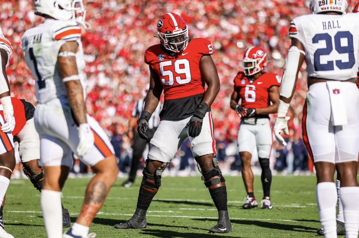 Broderick Jones (59) during a game against Auburn on Dooley Field at Sanford Stadium in Athens, Ga (Photo by Tony Walsh)