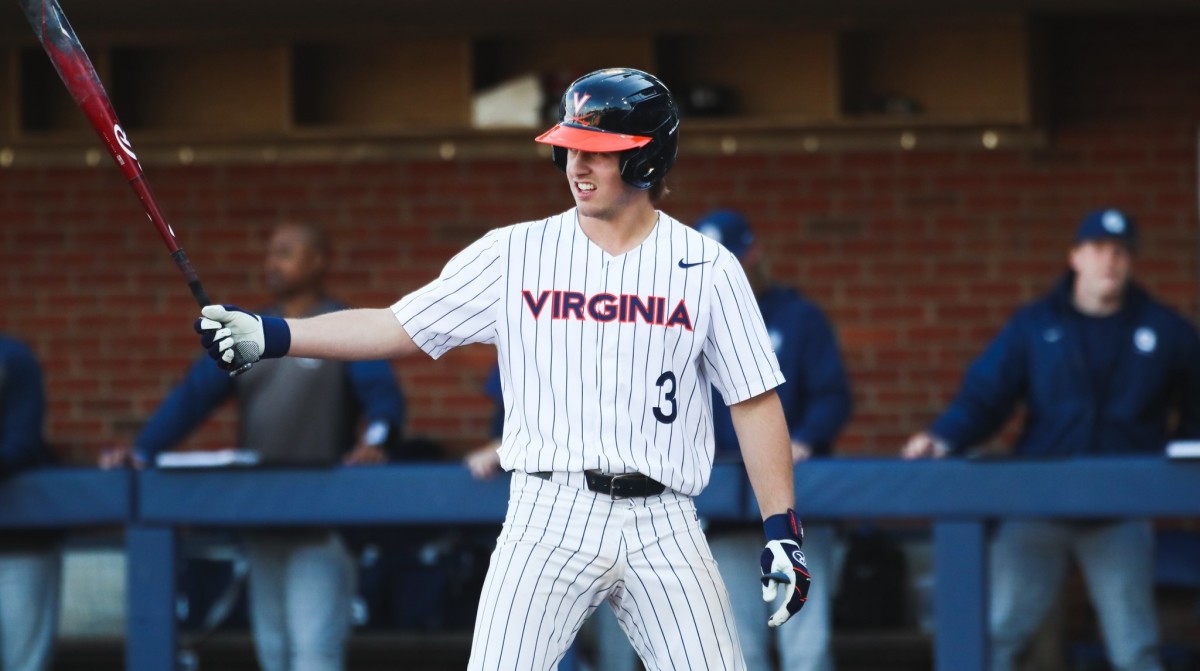 Kyle Teel prepares for a pitch during the Virginia baseball game against Georgetown at Disharoon Park.