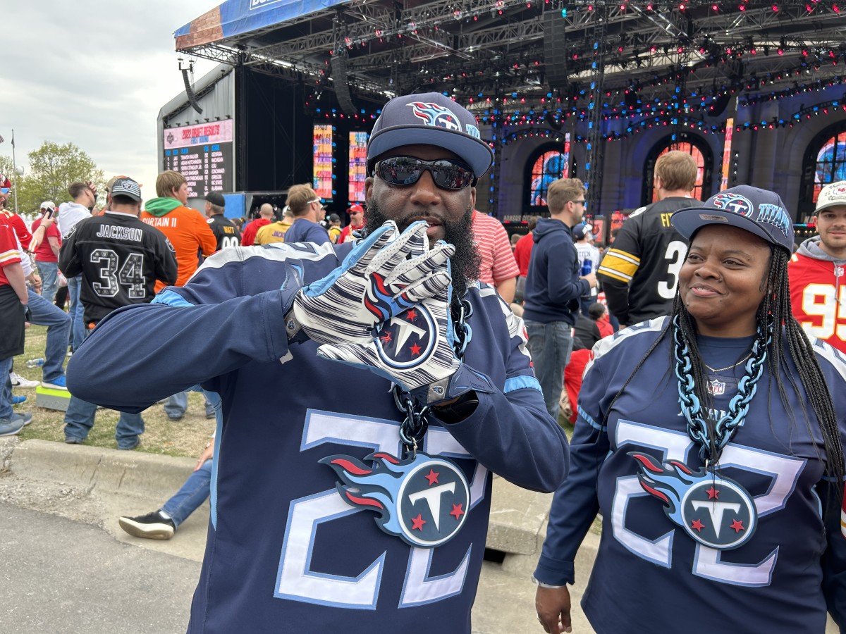 Nashville truck driver Joey Dunbar and his wife Cassara made it to the 2023 NFL Draft. He was working here, so he could mix work with supporting his favorite football team.  (AllTitans.com photo by Tom Brew)