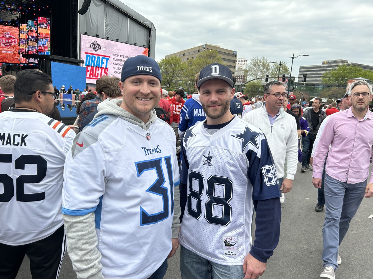 Rick Mooberry (left) is a Titans fan from Cedar Rapids, Iowa, so driving down for the NFL Draft in Kansas City was an easy choice. He came down with his friend Brandon Dalecky, who's a Dallas Cowboys fan. (AllTitans.com photo by Tom Brew)