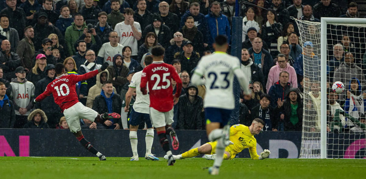 Manchester United forward Marcus Rashford pictured (left) scoring against Tottenham Hotspur in April 2023