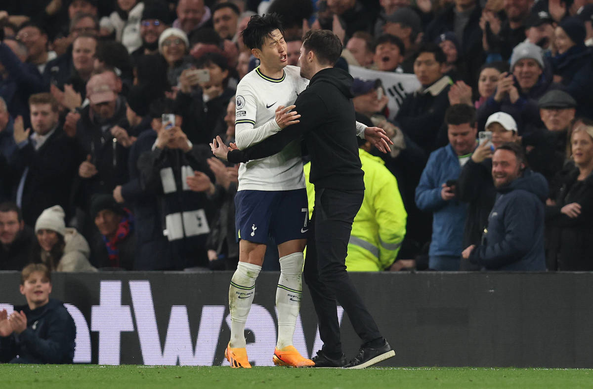 Son Heung-min pictured (left) hugging Ryan Mason after scoring an equalizer for Tottenham in a 2-2 draw against Manchester United in April 2023