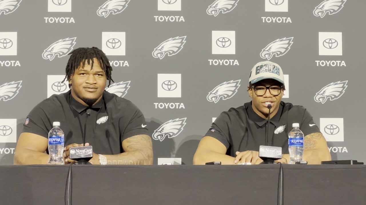 Newly drafted Philadelphia Eagles' Jalen Carter, left, and Nolan