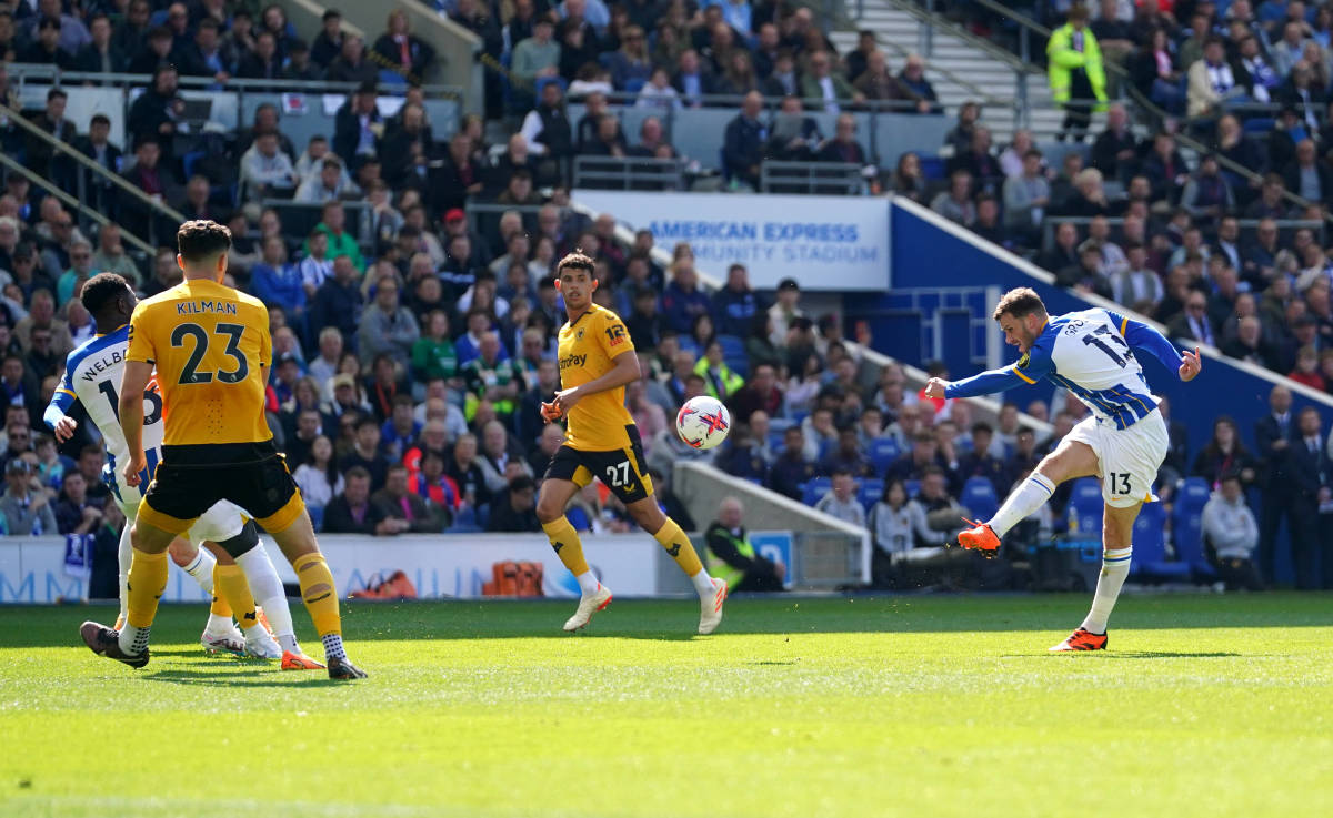 Pascal Gross pictured (right) scoring for Brighton against Wolves with a brilliant volley in April 2023