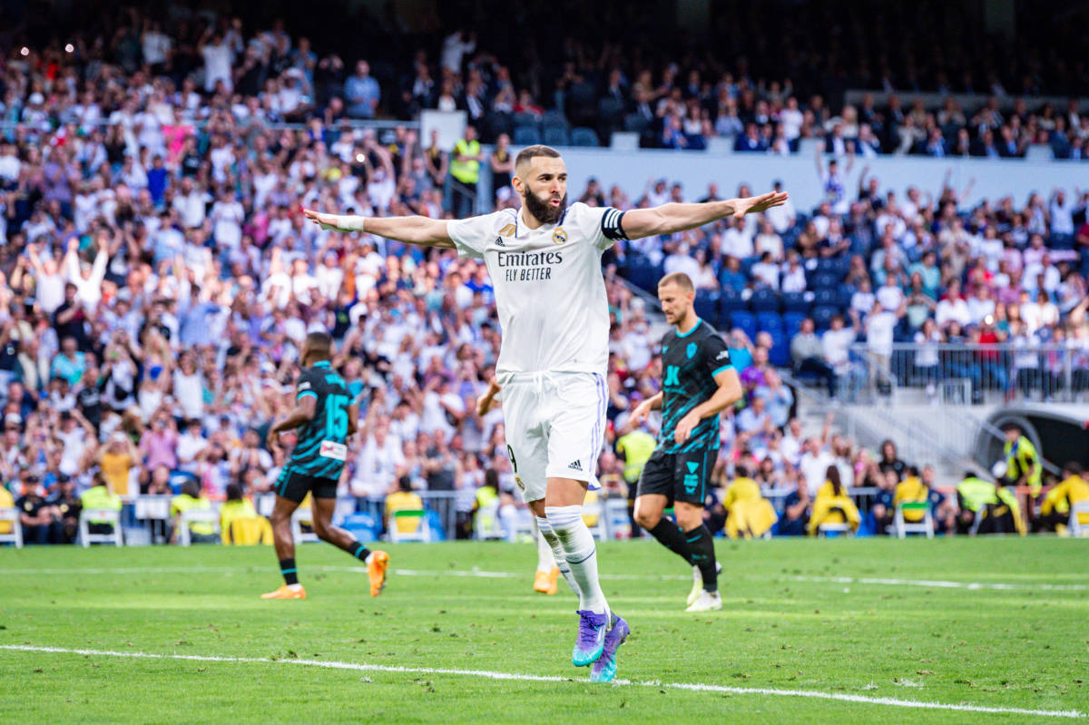 Karim Benzema pictured celebrating after scoring a hat-trick for Real Madrid against Almeria in April 2023