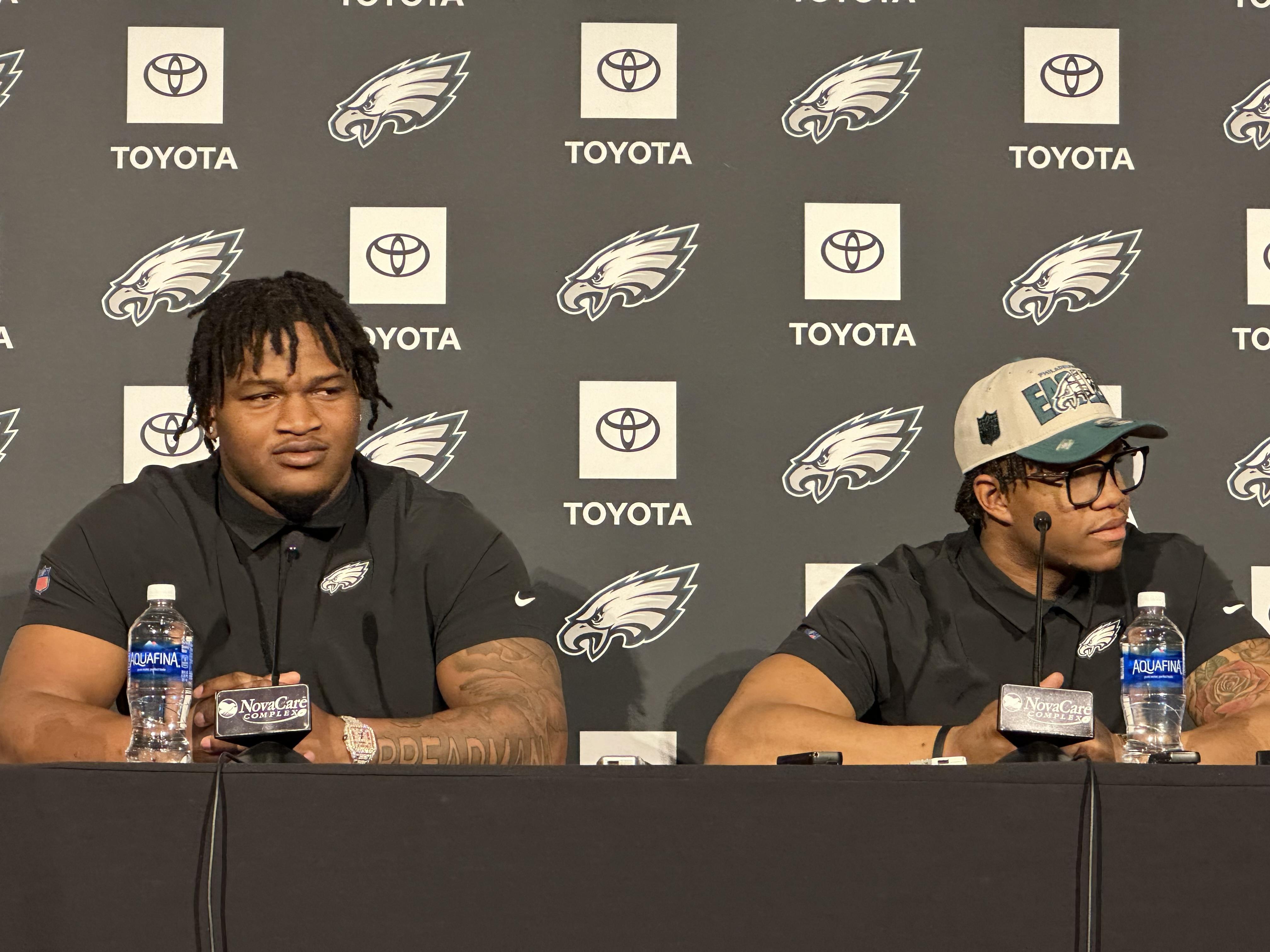 Newly drafted Philadelphia Eagles' Jalen Carter, left, and Nolan