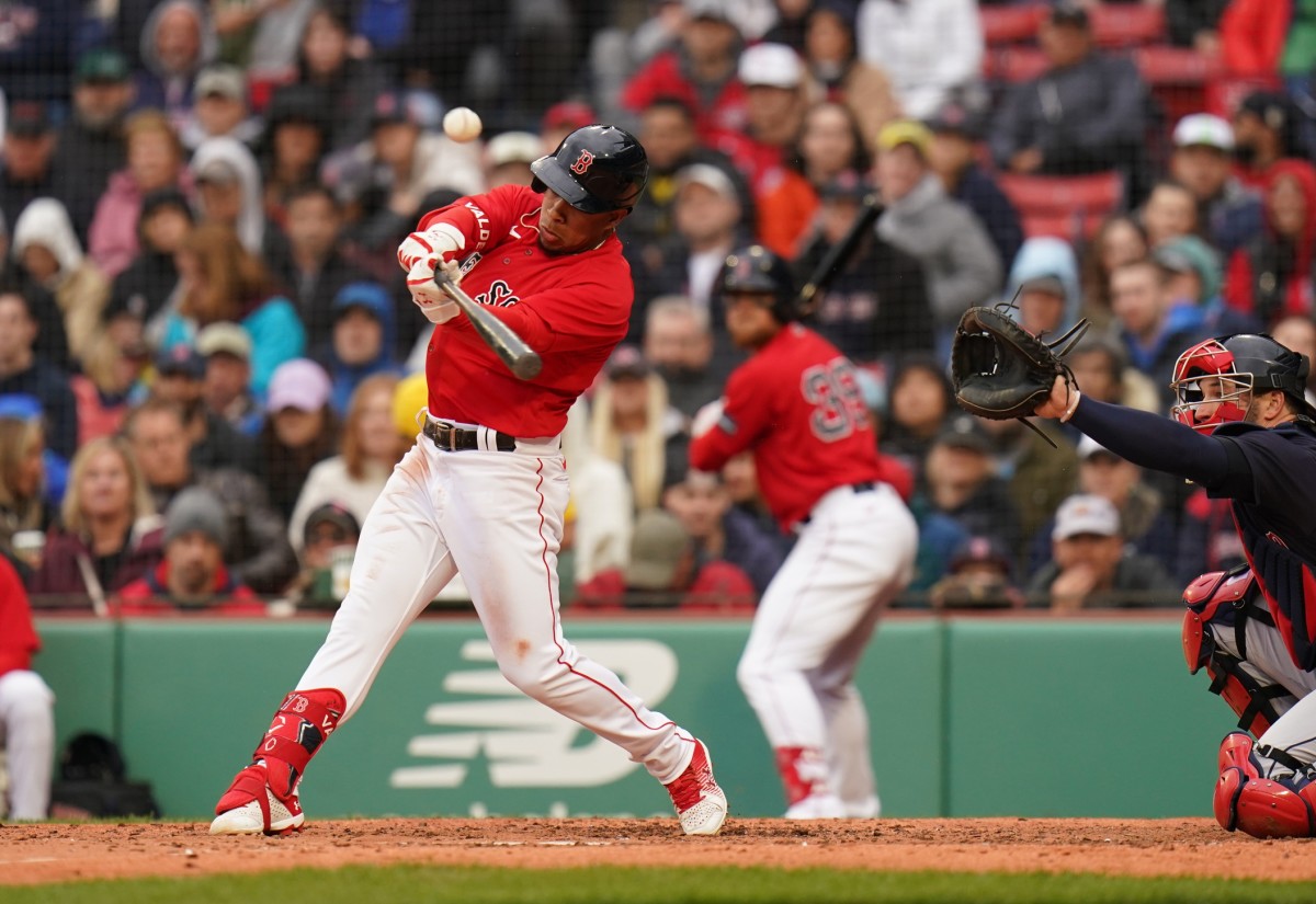 Boston Red Sox's Enmanuel Valdez celebrates after his two-run home run  during the sixth inning of a baseball game against the Toronto Blue Jays,  Monday, May 1, 2023, in Boston. (AP Photo/Michael