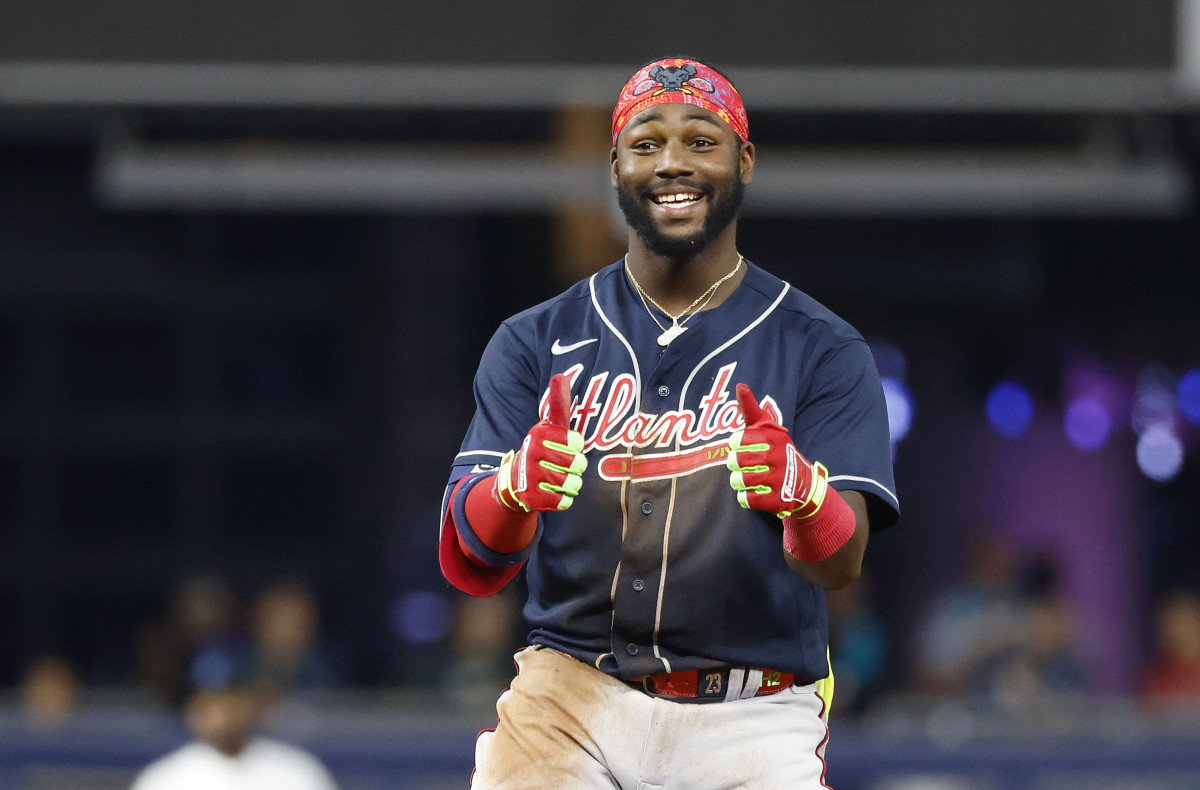 May 2, 2023; Miami, Florida, USA; Atlanta Braves center fielder Michael Harris II (23) reacts after doubling against the Miami Marlins during the eighth inning at loanDepot Park.