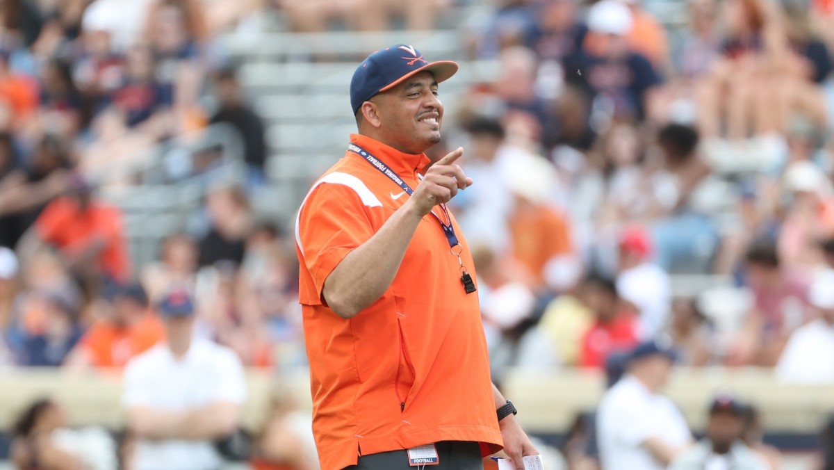 Tony Elliott reacts during the Virginia football spring game at Scott Stadium.