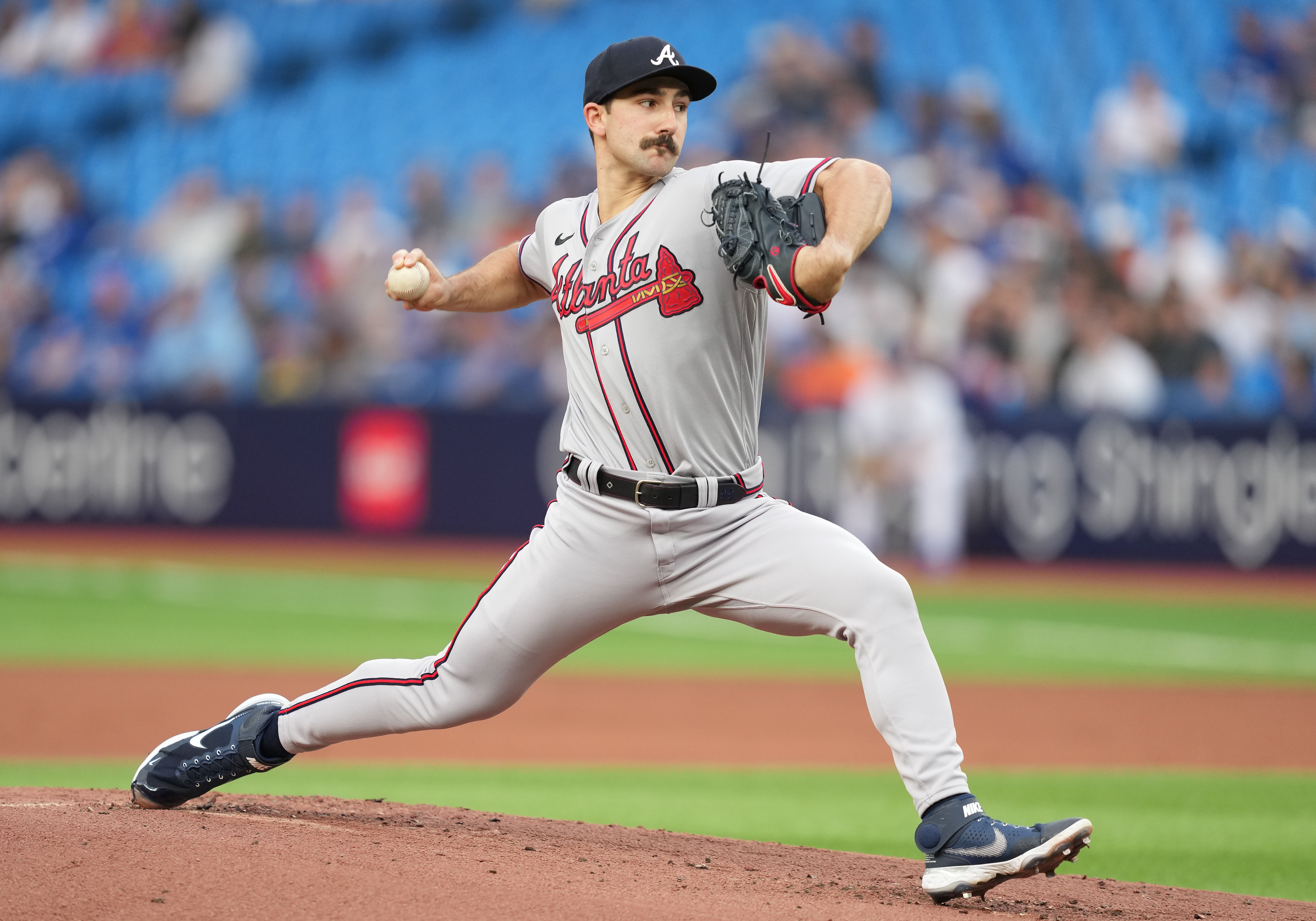 May 12, 2023; Toronto, Ontario, CAN; Atlanta Braves starting pitcher Spencer Strider (99) throws a pitch against the Toronto Blue Jays during the first inning at Rogers Centre.