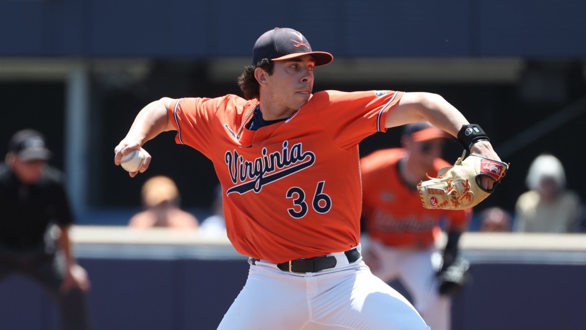 Brian Edgington delivers a pitch during the Virginia baseball game against Louisville at Disharoon Park.