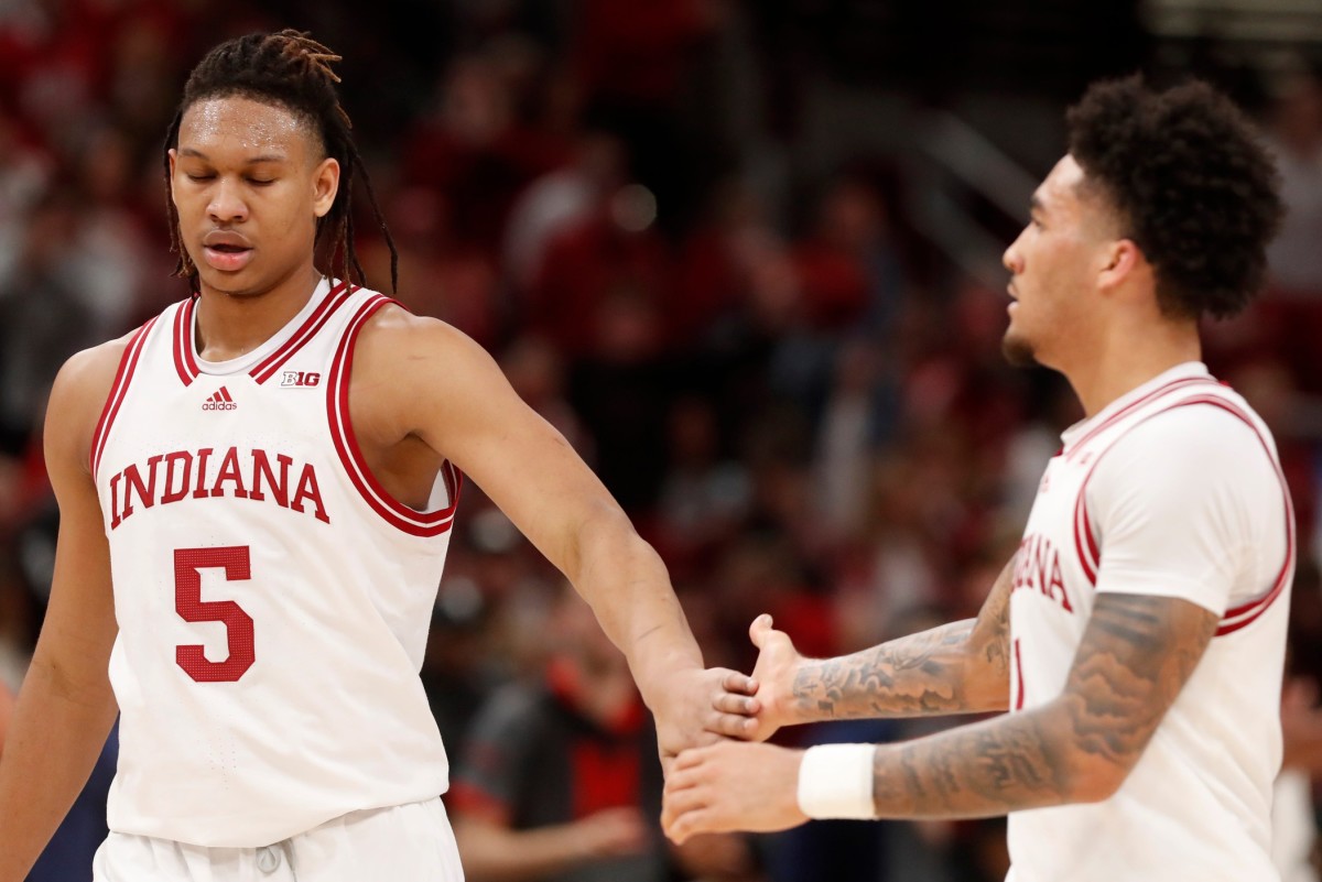 Indiana forward Malik Reneau (5) came to Indiana in a large part because of a strong recruiting pitch from high school teammate Jalen Hood-Schifino. (Alex Martin/USA TODAY Sports.