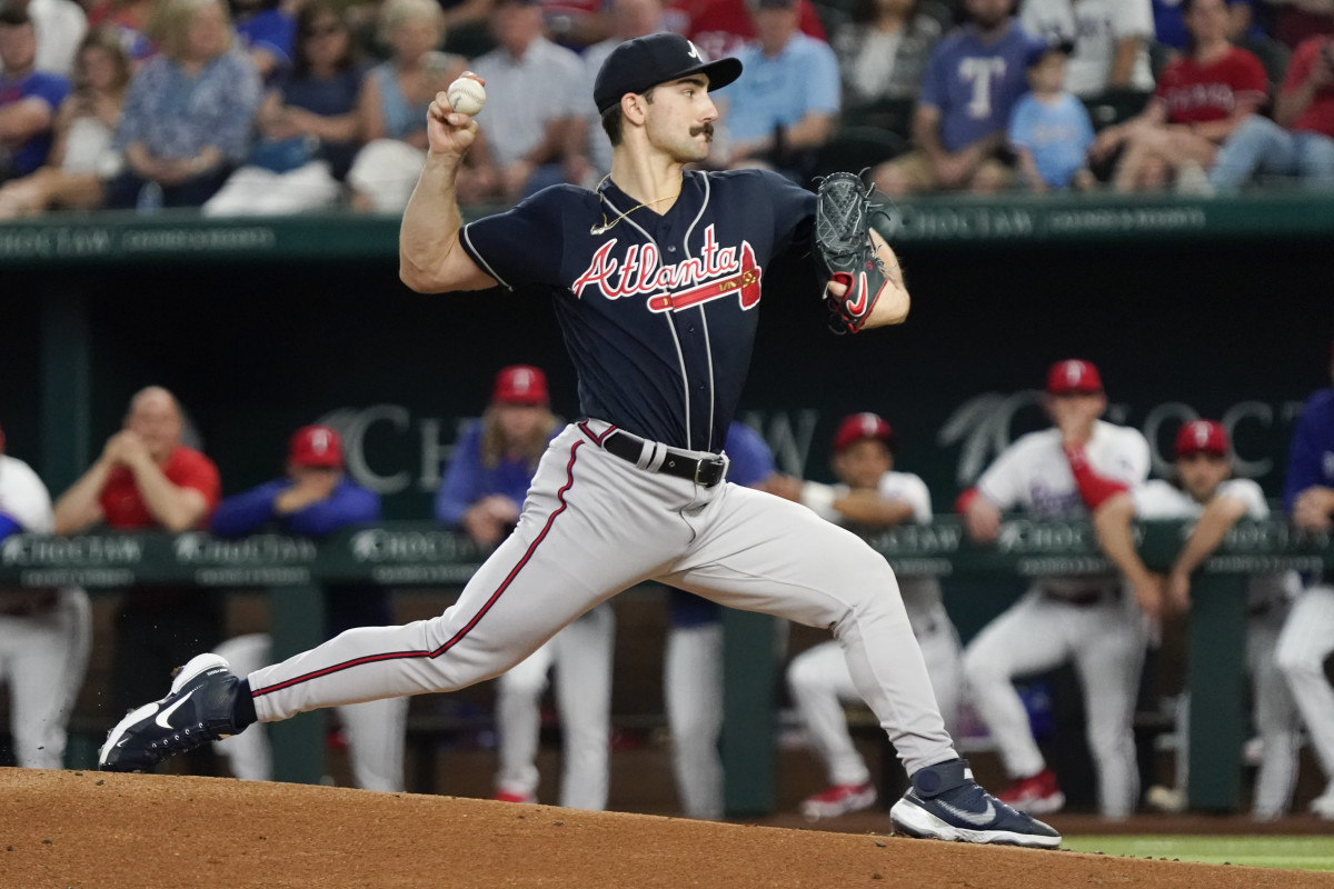 May 17, 2023; Arlington, Texas, USA; Atlanta Braves starting pitcher Spencer Strider (99) throws during the first inning against the Texas Rangers at Globe Life Field. Mandatory Credit: Raymond Carlin III-USA TODAY Sports
