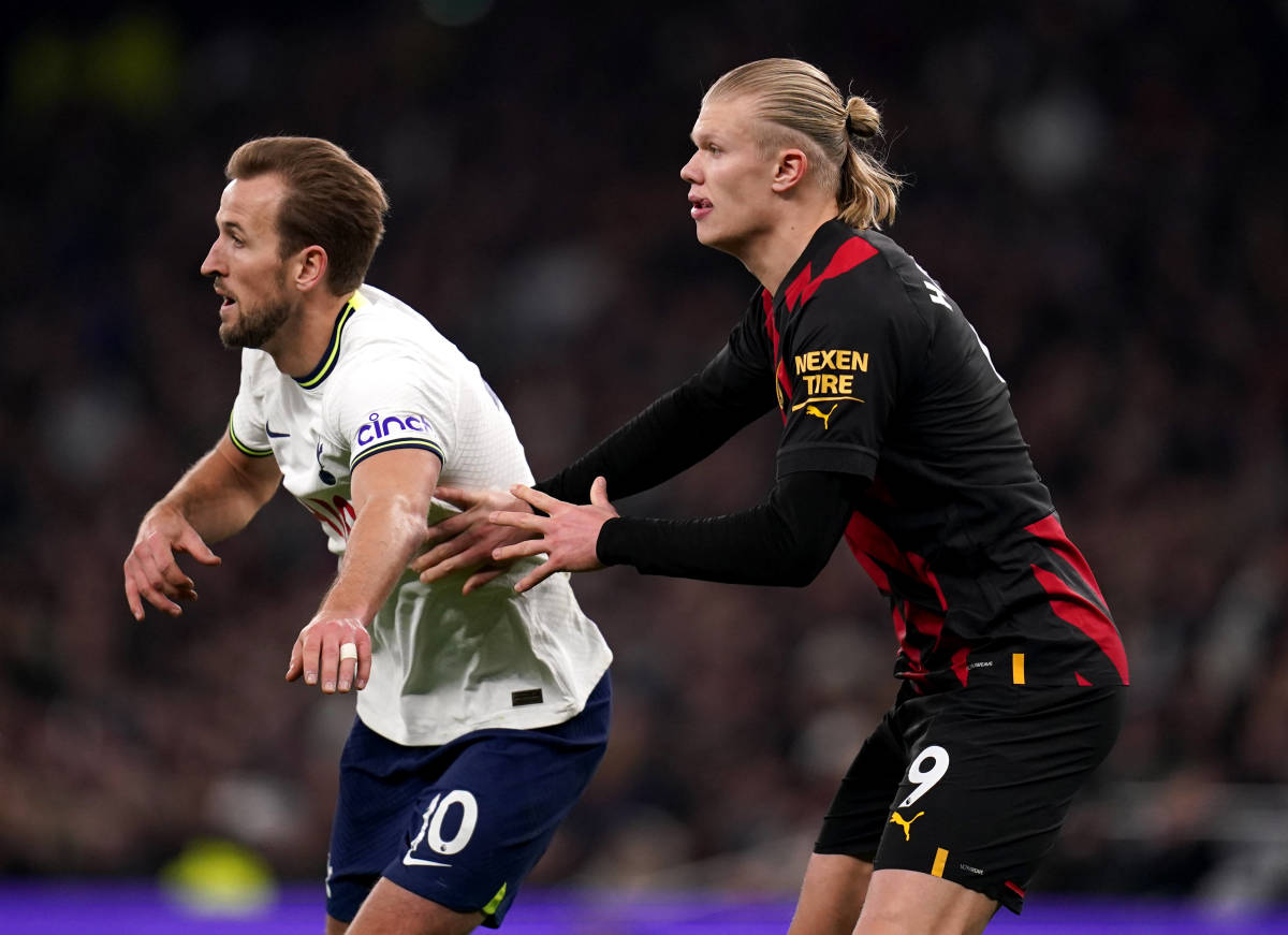 Harry Kane (left) and Erling Haaland pictured during a Premier League game between Tottenham Hotspur and Manchester City in February 2023