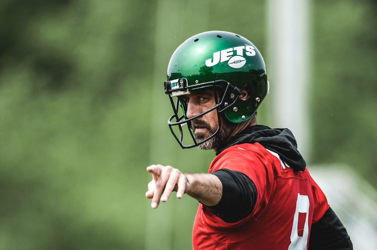 A New York Jets helmet on the field during practice at the team's