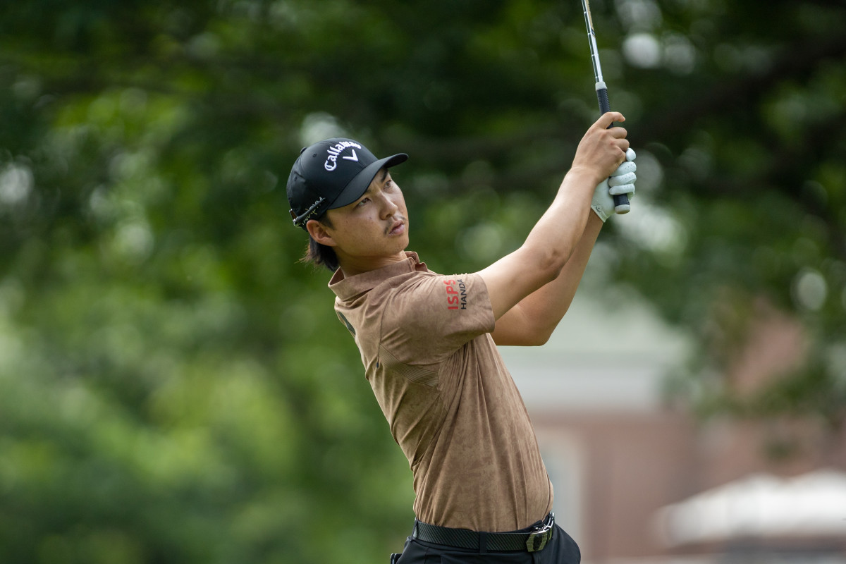 Min Woo Lee of Australia makes his approach shot from the 11th hole during the Pro-Am Round of the Charles Schwab Challenge at The Colonial Country Club on May 24, 2023 in Ft. Worth, Texas.