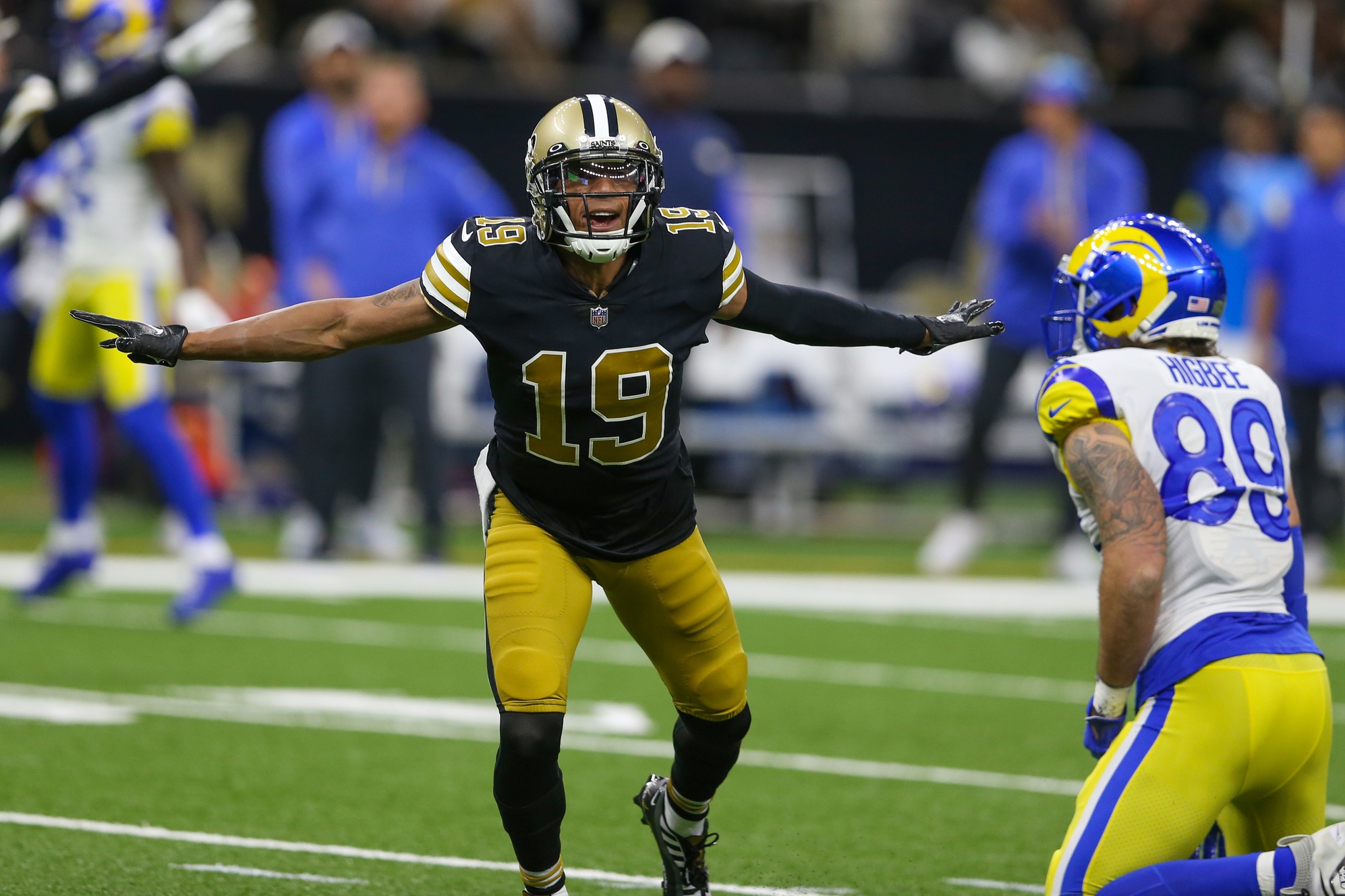 New Orleans Saints safety Chris Harris Jr. (19) during an NFL football game  against the Los Angeles Rams, Sunday, Nov. 20, 2022, in New Orleans. (AP  Photo/Tyler Kaufman Stock Photo - Alamy